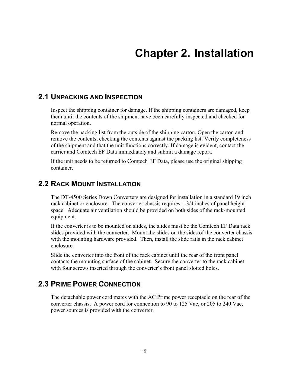 Installation, Unpacking and inspection, Rack mount installation | Prime power connection, Chapter 2. installation | Comtech EF Data DT-4500 Series User Manual | Page 37 / 114