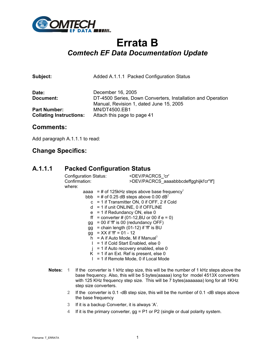 Errata b, Comtech ef data documentation update, Comments | Comtech EF Data DT-4500 Series User Manual | Page 4 / 114