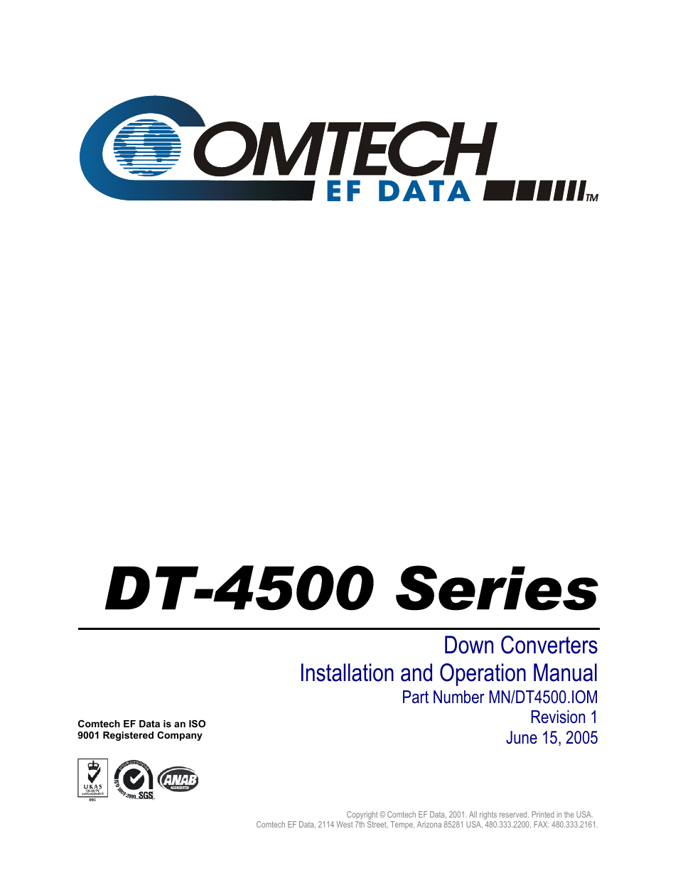 Dt-4500 series, Down converters, Installation and operation manual | Comtech EF Data DT-4500 Series User Manual | Page 5 / 114