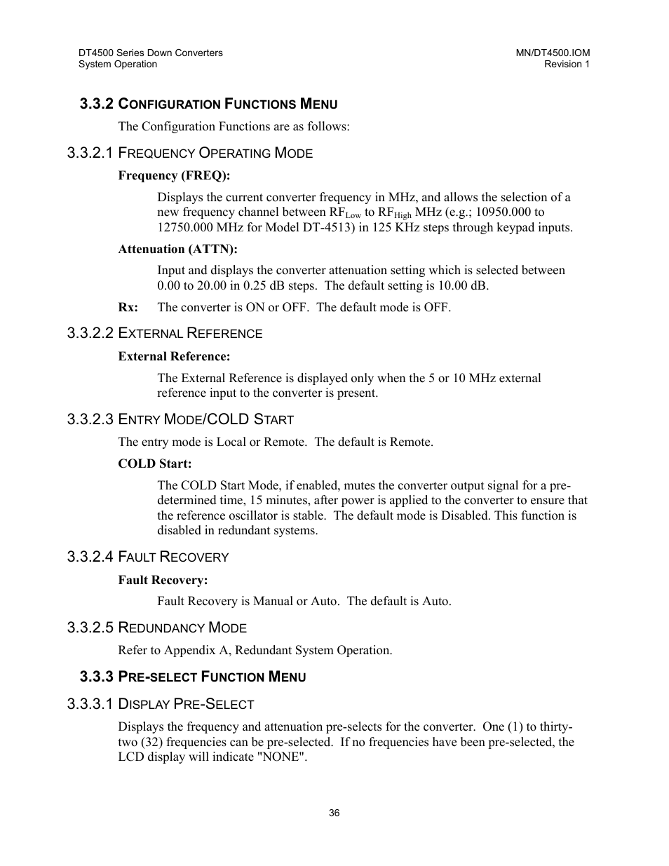 Configuration functions menu, Frequency operating mode, External reference | Entry mode/cold start, Fault recovery, Redundancy mode, Pre-select function menu, Display pre-select | Comtech EF Data DT-4500 Series User Manual | Page 54 / 114