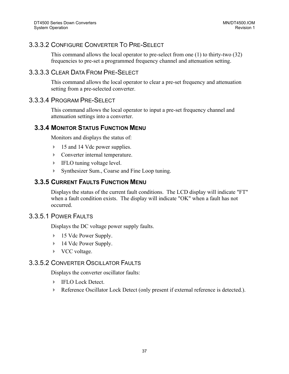 Configure converter to pre-select, Clear data from pre-select, Program pre-select | Monitor status function menu, Current faults function menu, Power faults, Converter oscillator faults | Comtech EF Data DT-4500 Series User Manual | Page 55 / 114