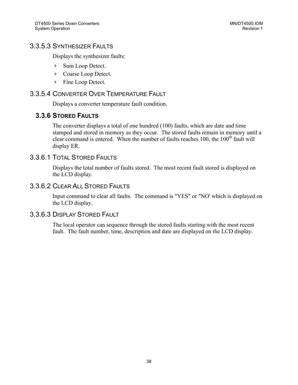 Synthesizer faults, Converter over temperature fault, Stored faults | Total stored faults, Clear all stored faults, Display stored fault | Comtech EF Data DT-4500 Series User Manual | Page 56 / 114