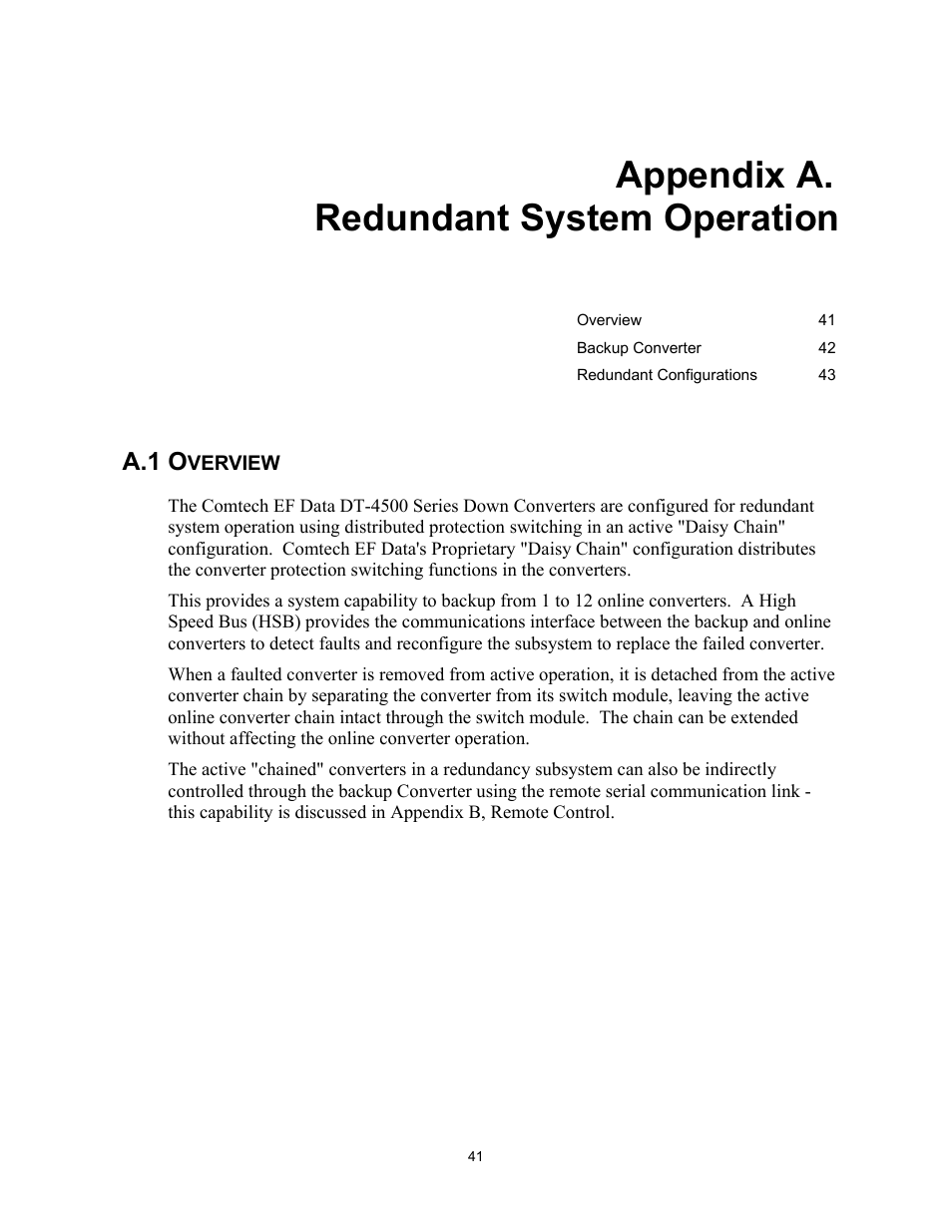 A. redundant system operation, Overview, Appendix a. redundant system operation | A.1 o | Comtech EF Data DT-4500 Series User Manual | Page 59 / 114