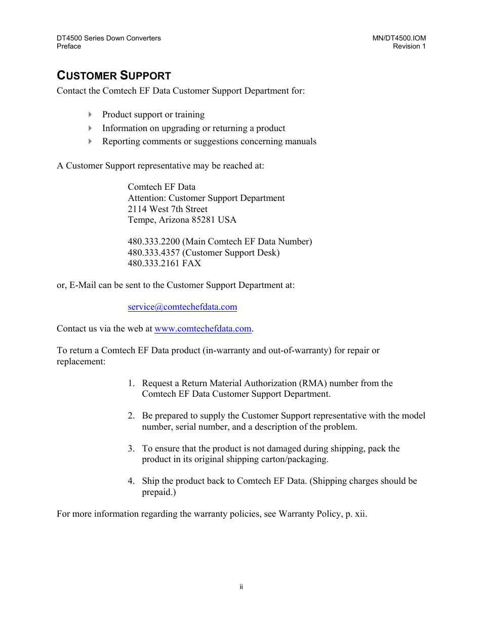 Customer support | Comtech EF Data DT-4500 Series User Manual | Page 6 / 114
