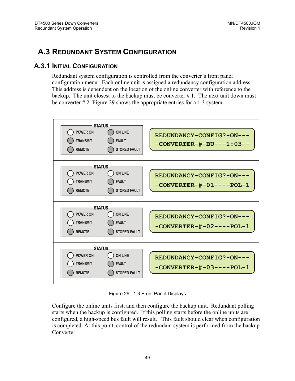 Redundant system configuration, Initial configuration, A.3 r | A.3.1 i, Redundancy-config?-on--- -converter-#-bu :03, Redundancy-config?-on--- -converter-#-01----pol-1, Redundancy-config?-on--- -converter-#-02----pol-1, Redundancy-config?-on--- -converter-#-03----pol-1, Edundant, Ystem | Comtech EF Data DT-4500 Series User Manual | Page 67 / 114