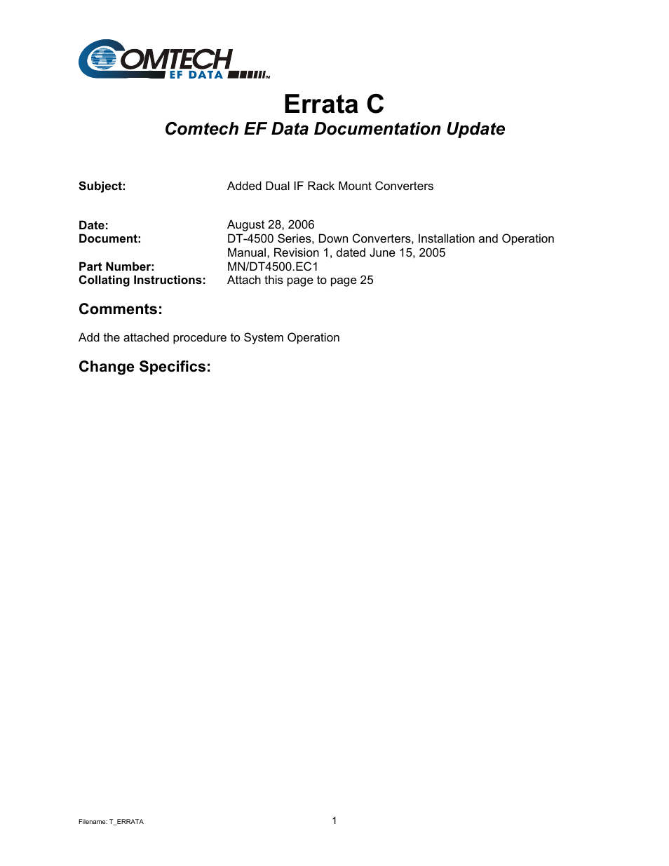 Errata c, Comtech ef data documentation update | Comtech EF Data DT-4500 Series User Manual | Page 7 / 114