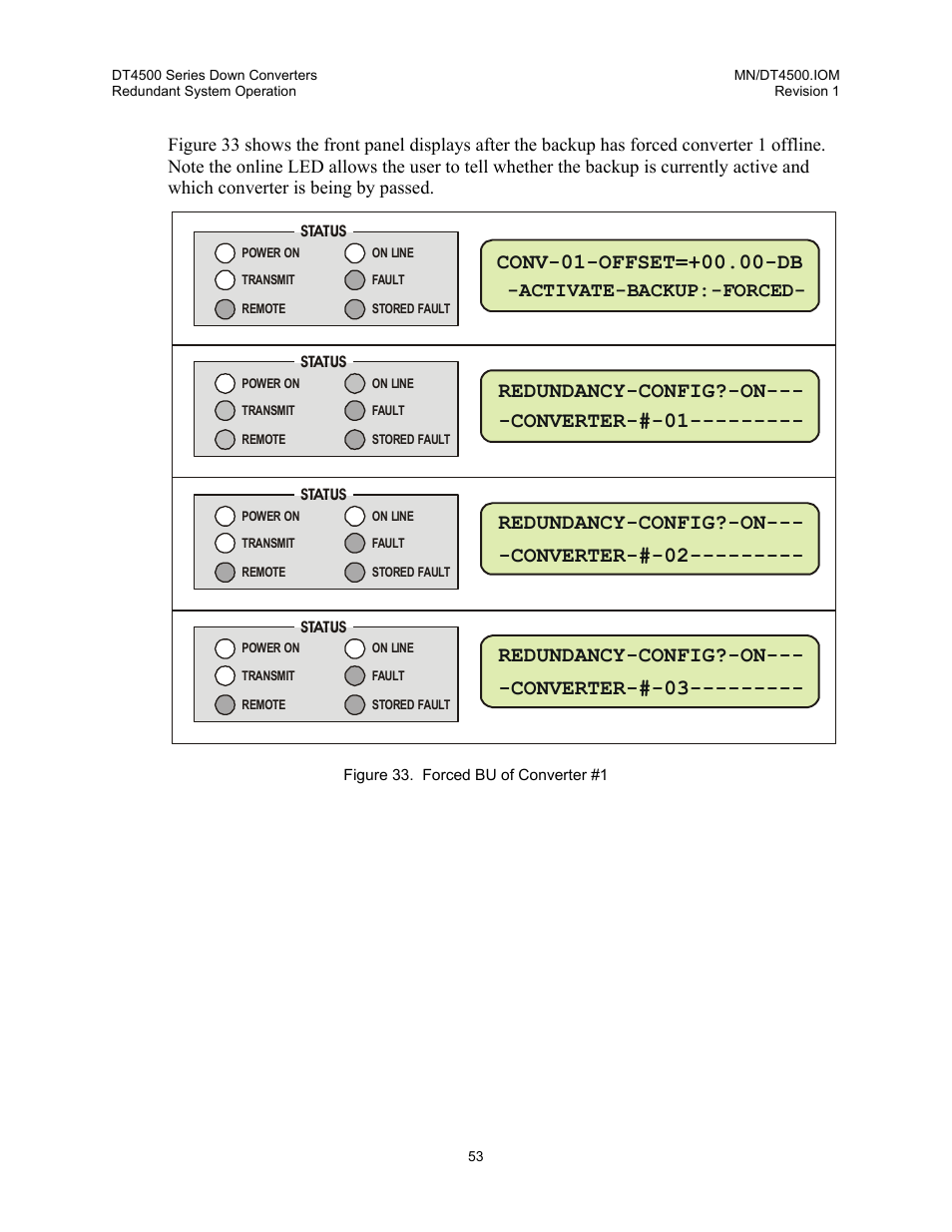 Redundancy-config?-on--- -converter-#-01, Redundancy-config?-on--- -converter-#-02, Redundancy-config?-on--- -converter-#-03 | Activate-backup:-forced | Comtech EF Data DT-4500 Series User Manual | Page 71 / 114