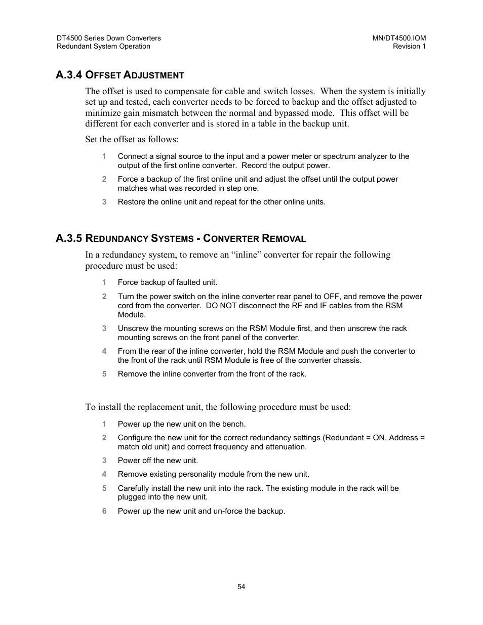 Offset adjustment, Redundancy systems - converter removal, A.3.4 o | A.3.5 r | Comtech EF Data DT-4500 Series User Manual | Page 72 / 114