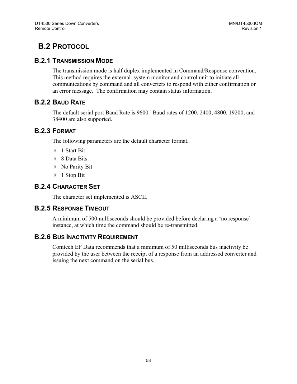 Protocol, Transmission mode, Baud rate | Format, Character set, Response timeout, Bus inactivity requirement, B.2 p | Comtech EF Data DT-4500 Series User Manual | Page 76 / 114