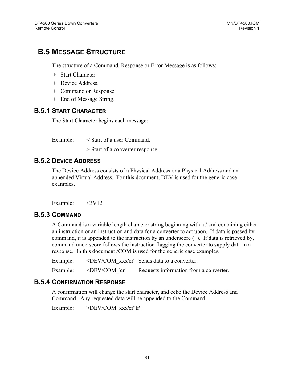 Message structure, Start character, Device address | Command, Confirmation response, B.5 m | Comtech EF Data DT-4500 Series User Manual | Page 79 / 114