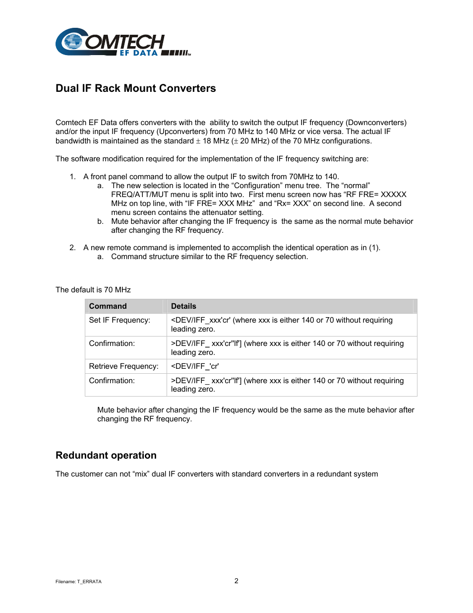 Dual if rack mount converters, Redundant operation | Comtech EF Data DT-4500 Series User Manual | Page 8 / 114