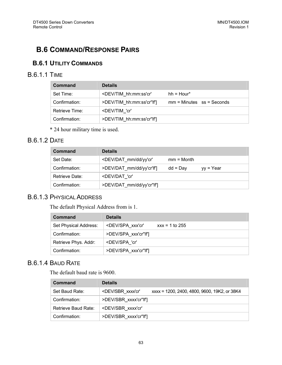 Command/response pairs, Utility commands, Time | Date, Physical address, Baud rate, B.6 c, B.6.1 u, B.6.1.1 t, B.6.1.2 d | Comtech EF Data DT-4500 Series User Manual | Page 81 / 114