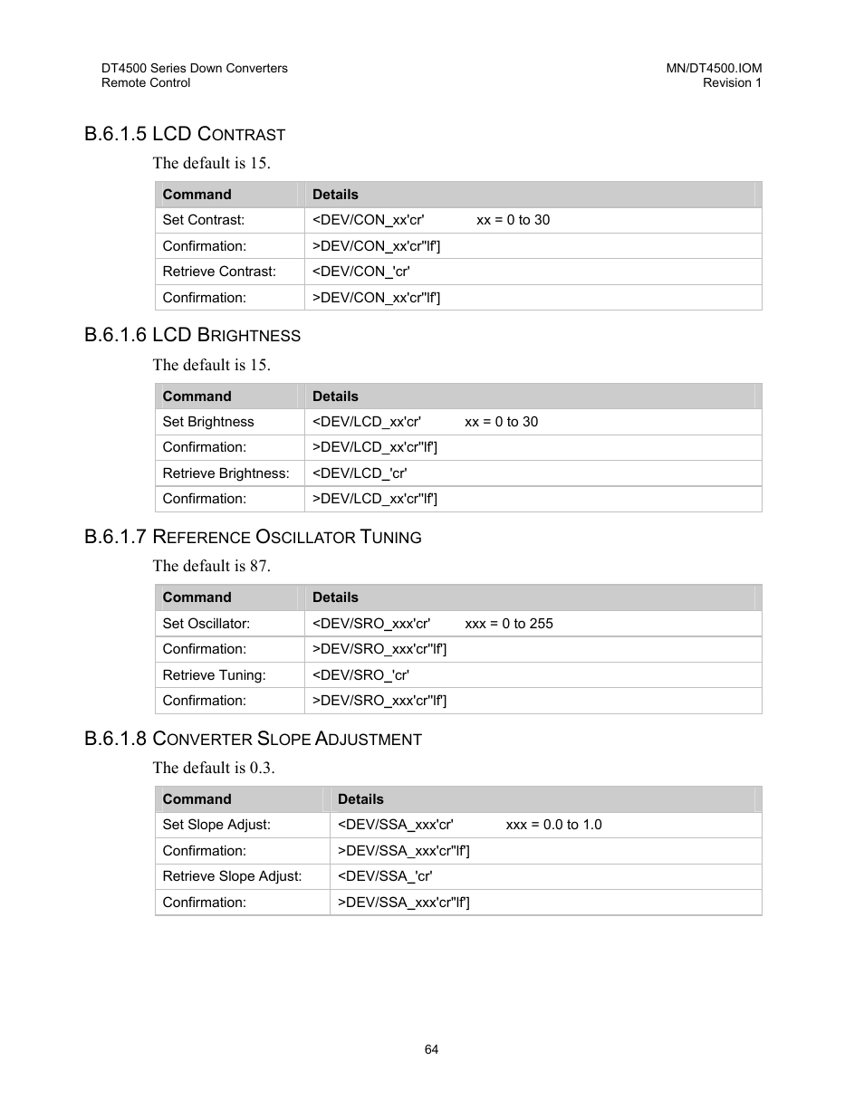 Lcd contrast, Lcd brightness, Reference oscillator tuning | Converter slope adjustment, B.6.1.5 lcd c, B.6.1.6 lcd b, B.6.1.7 r, B.6.1.8 c | Comtech EF Data DT-4500 Series User Manual | Page 82 / 114