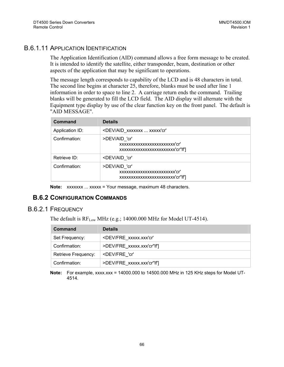 Application identification, Configuration commands, Frequency | B.6.1.11 a, B.6.2 c, B.6.2.1 f | Comtech EF Data DT-4500 Series User Manual | Page 84 / 114