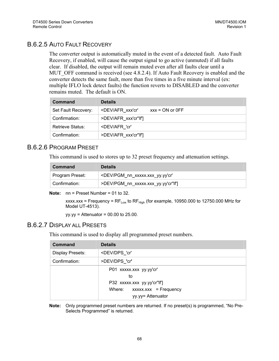 Auto fault recovery, Program preset, Display all presets | B.6.2.5 a, B.6.2.6 p, B.6.2.7 d | Comtech EF Data DT-4500 Series User Manual | Page 86 / 114