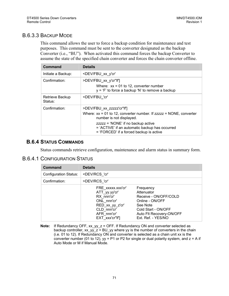 Backup mode, Status commands, Configuration status | B.6.3.3 b, B.6.4 s, B.6.4.1 c | Comtech EF Data DT-4500 Series User Manual | Page 89 / 114