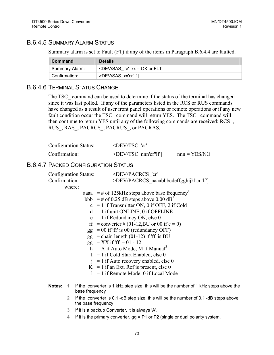 Summary alarm status, Terminal status change, Packed configuration status | B.6.4.5 s, B.6.4.6 t, B.6.4.7 p | Comtech EF Data DT-4500 Series User Manual | Page 91 / 114