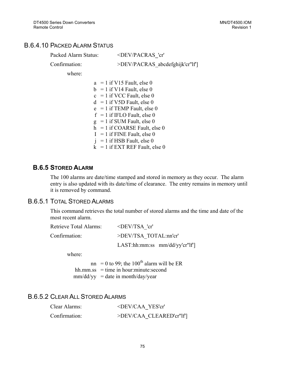 Packed alarm status, Stored alarm, Total stored alarms | Clear all stored alarms | Comtech EF Data DT-4500 Series User Manual | Page 93 / 114