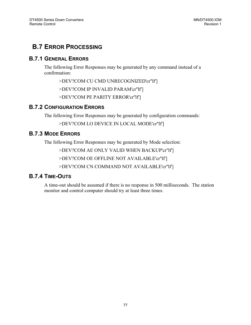 Error processing, General errors, Configuration errors | Mode errors, Time-outs, B.7 e | Comtech EF Data DT-4500 Series User Manual | Page 95 / 114