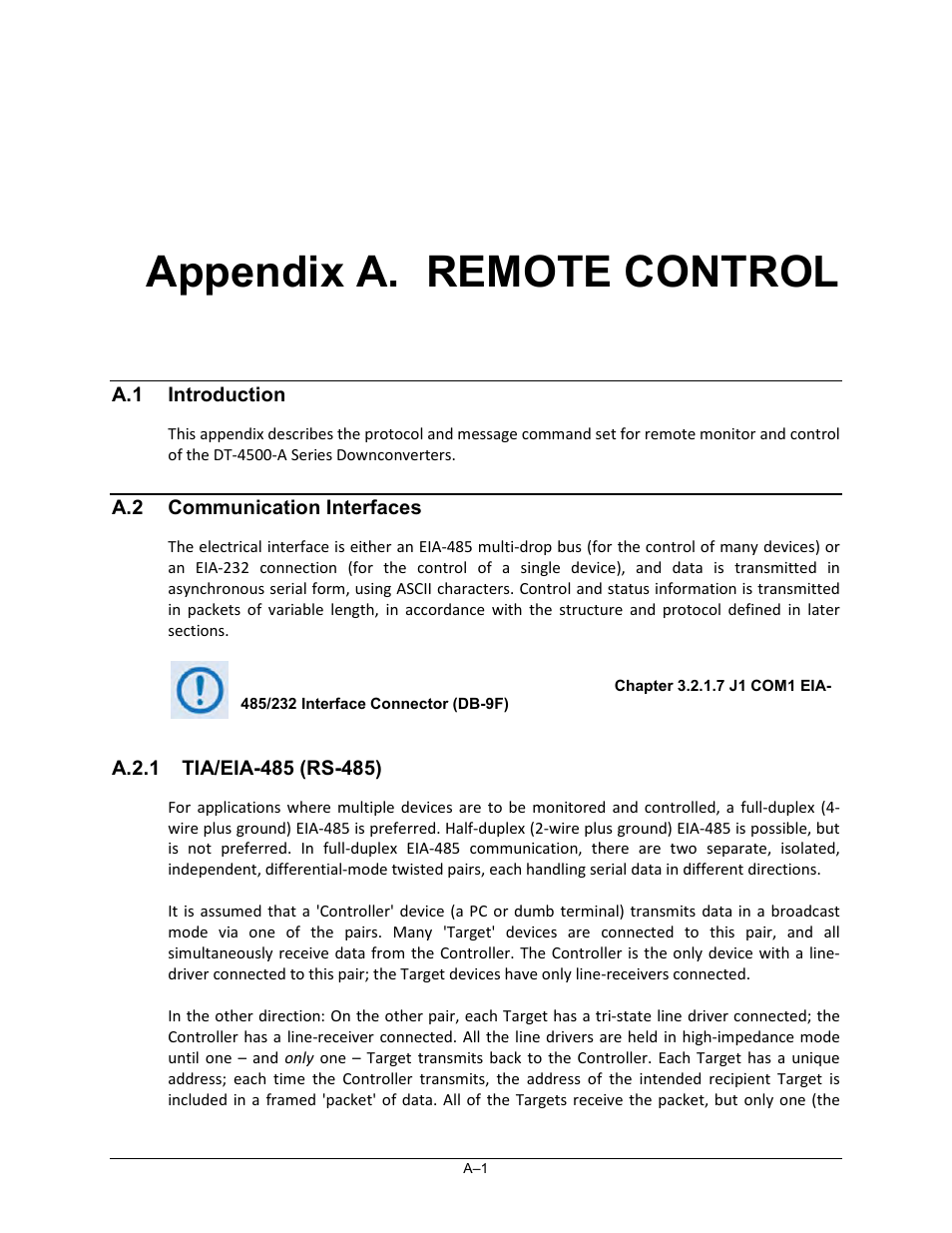 Appendix a. remote control, A.1 introduction, A.2 communication interfaces | A.2.1 tia/eia-485 (rs-485) | Comtech EF Data DT-4500-A Series User Manual | Page 111 / 162