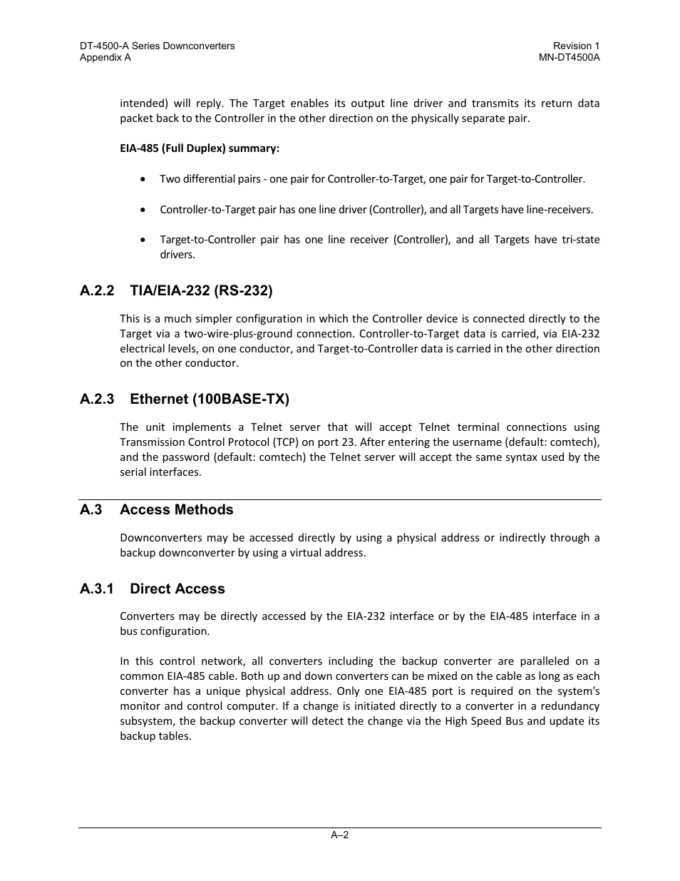 A.2.2 tia/eia-232 (rs-232), A.2.3 ethernet (100base-tx), A.3 access methods | A.3.1 direct access | Comtech EF Data DT-4500-A Series User Manual | Page 112 / 162