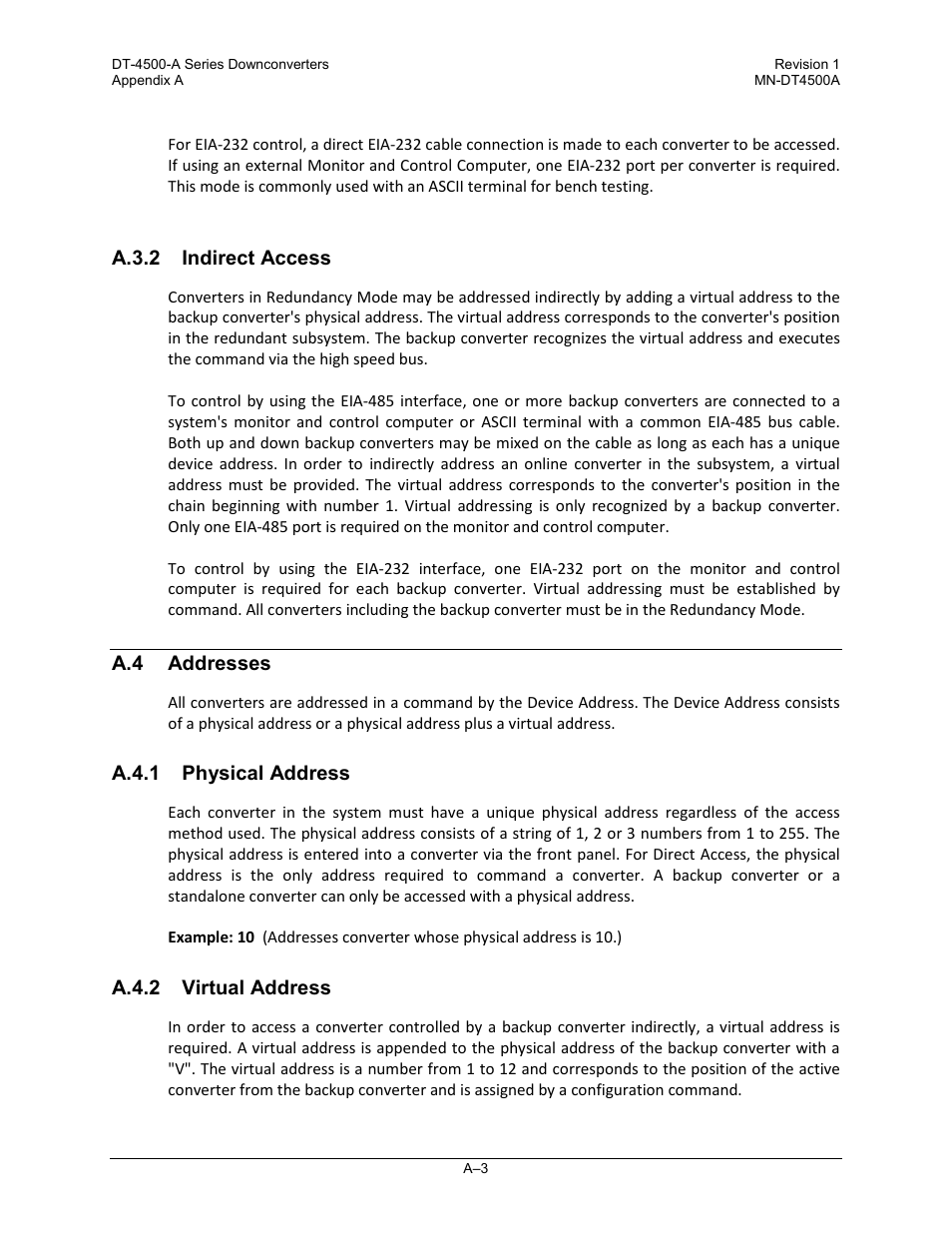 A.3.2 indirect access, A.4 addresses, A.4.1 physical address | A.4.2 virtual address | Comtech EF Data DT-4500-A Series User Manual | Page 113 / 162