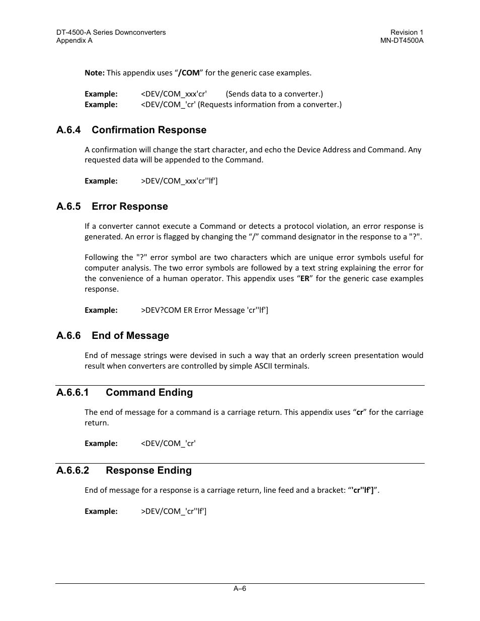 A.6.4 confirmation response, A.6.5 error response, A.6.6 end of message | A.6.6.1 command ending, A.6.6.2 response ending | Comtech EF Data DT-4500-A Series User Manual | Page 116 / 162