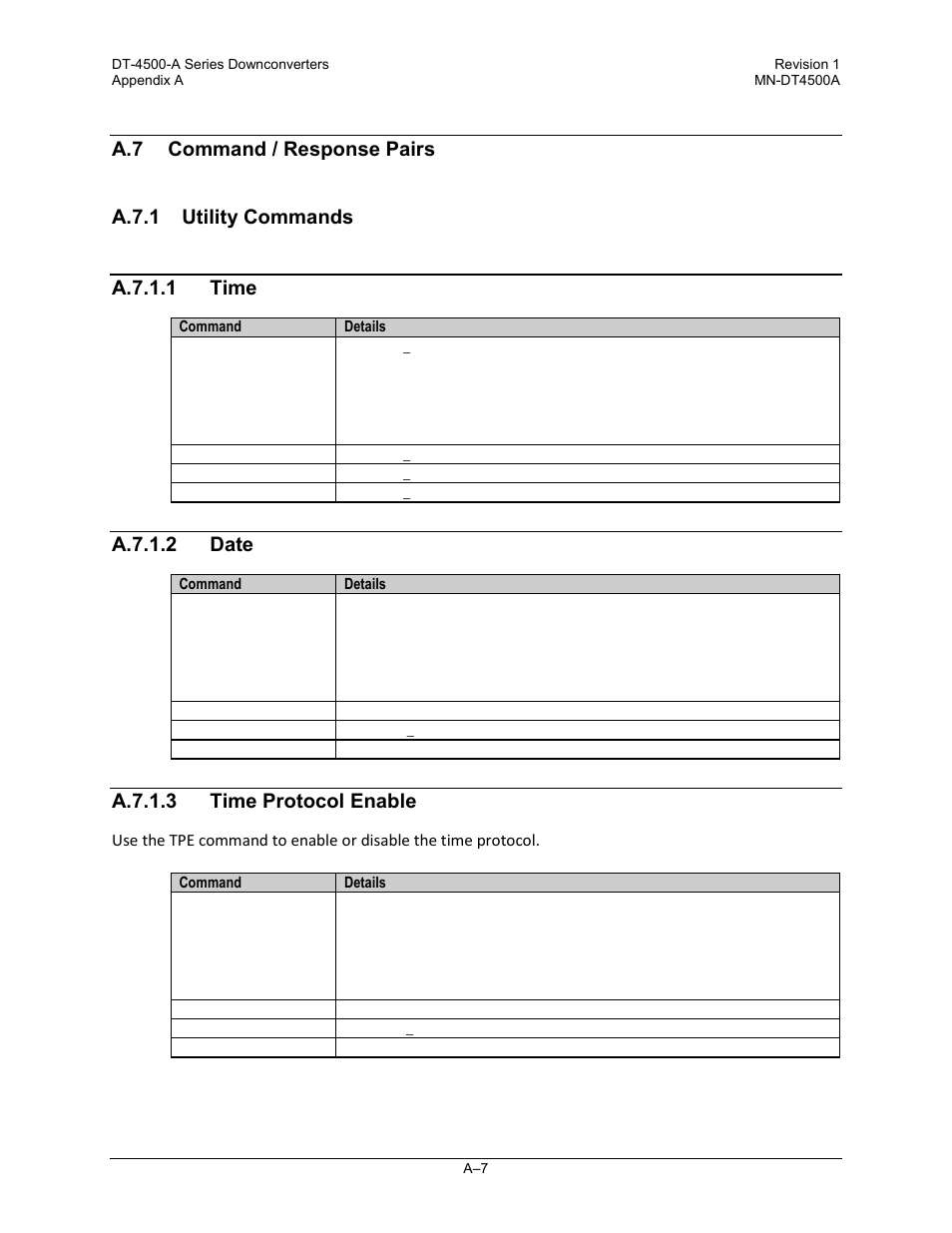 A.7 command / response pairs, A.7.1 utility commands, A.7.1.1 time | A.7.1.2 date, A.7.1.3 time protocol enable | Comtech EF Data DT-4500-A Series User Manual | Page 117 / 162
