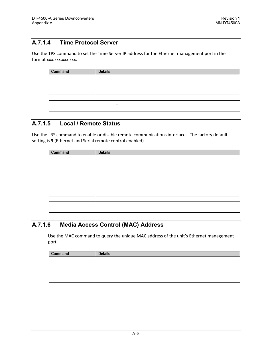 A.7.1.4 time protocol server, A.7.1.5 local / remote status, A.7.1.6 media access control (mac) address | Comtech EF Data DT-4500-A Series User Manual | Page 118 / 162