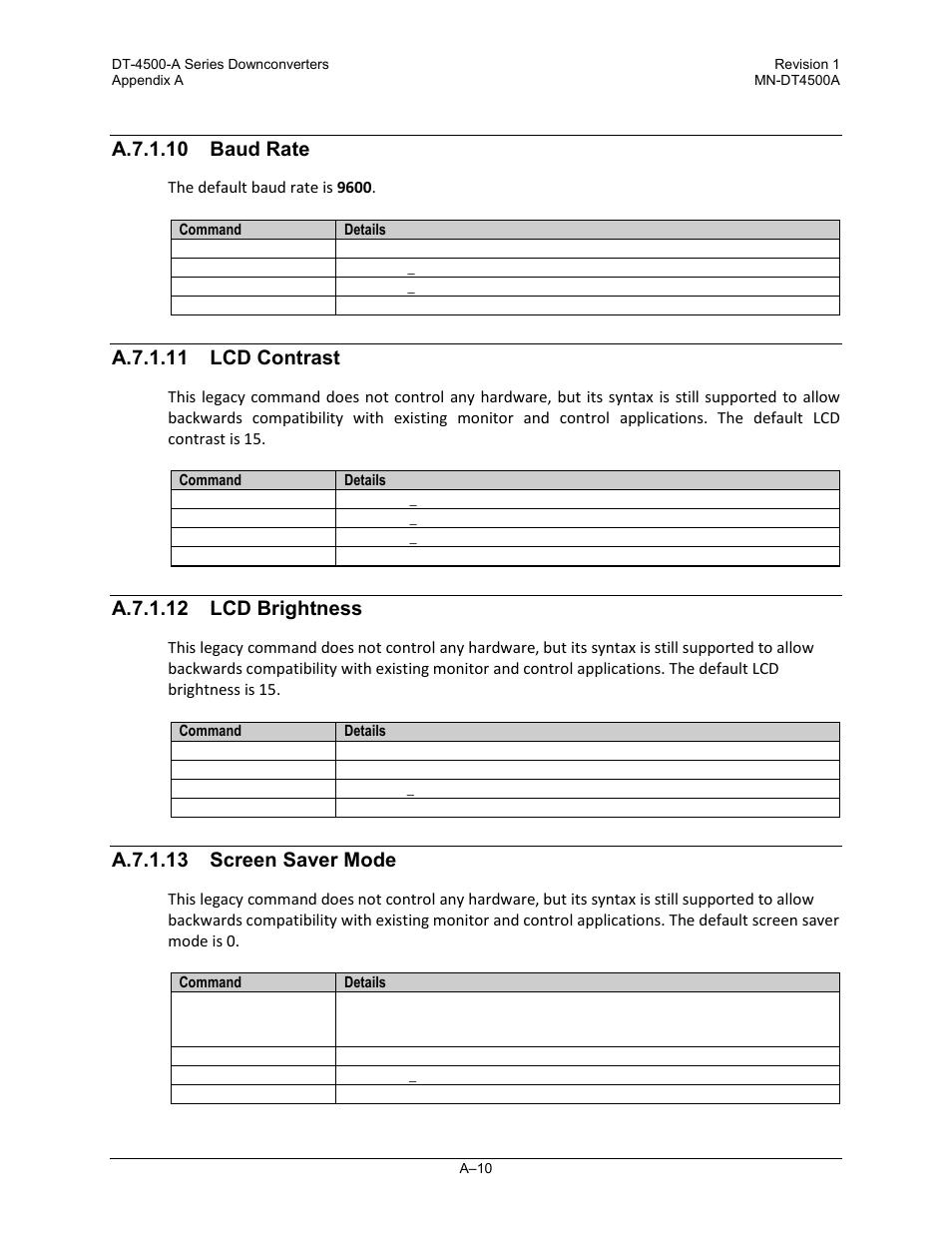 A.7.1.10 baud rate, A.7.1.11 lcd contrast, A.7.1.12 lcd brightness | A.7.1.13 screen saver mode | Comtech EF Data DT-4500-A Series User Manual | Page 120 / 162