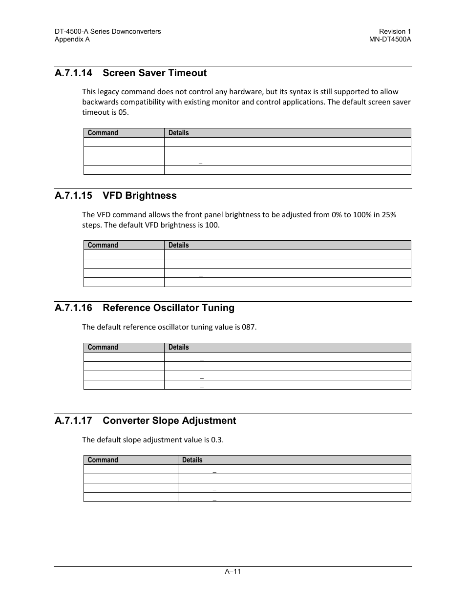 A.7.1.14 screen saver timeout, A.7.1.15 vfd brightness, A.7.1.16 reference oscillator tuning | A.7.1.17 converter slope adjustment | Comtech EF Data DT-4500-A Series User Manual | Page 121 / 162