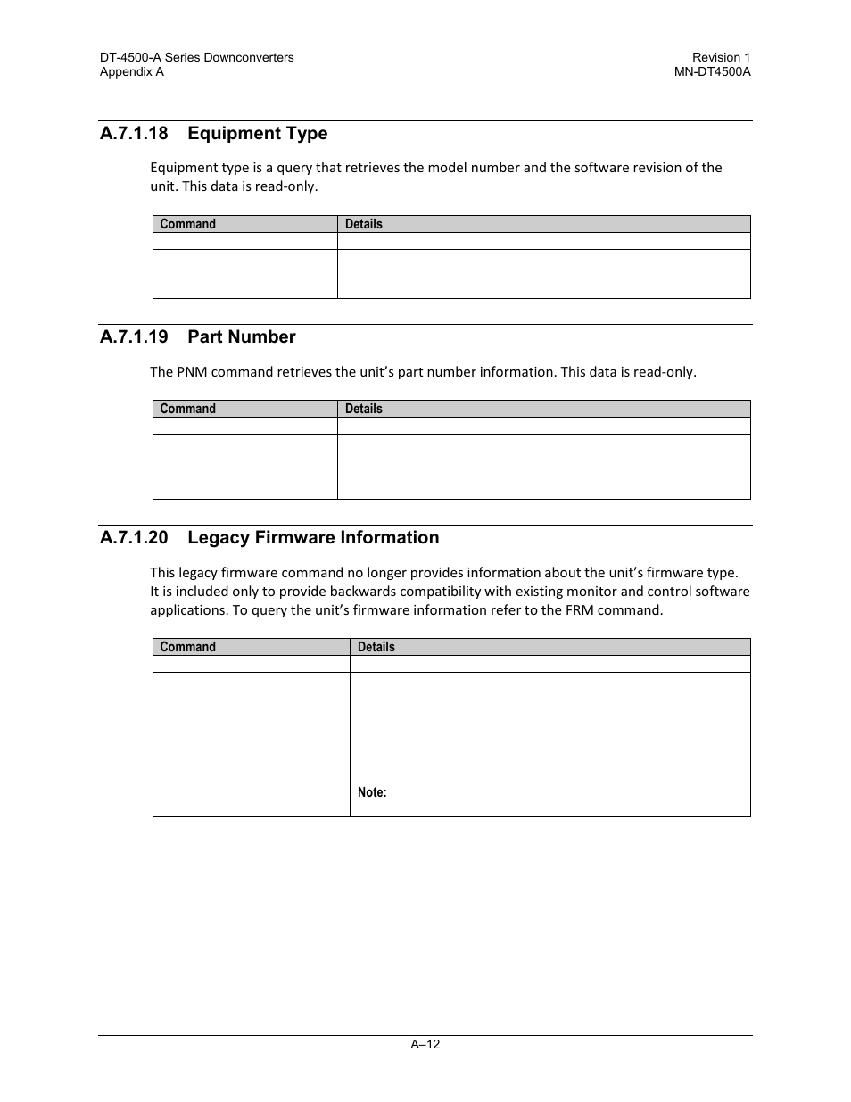 A.7.1.18 equipment type, A.7.1.19 part number, A.7.1.20 legacy firmware information | Comtech EF Data DT-4500-A Series User Manual | Page 122 / 162