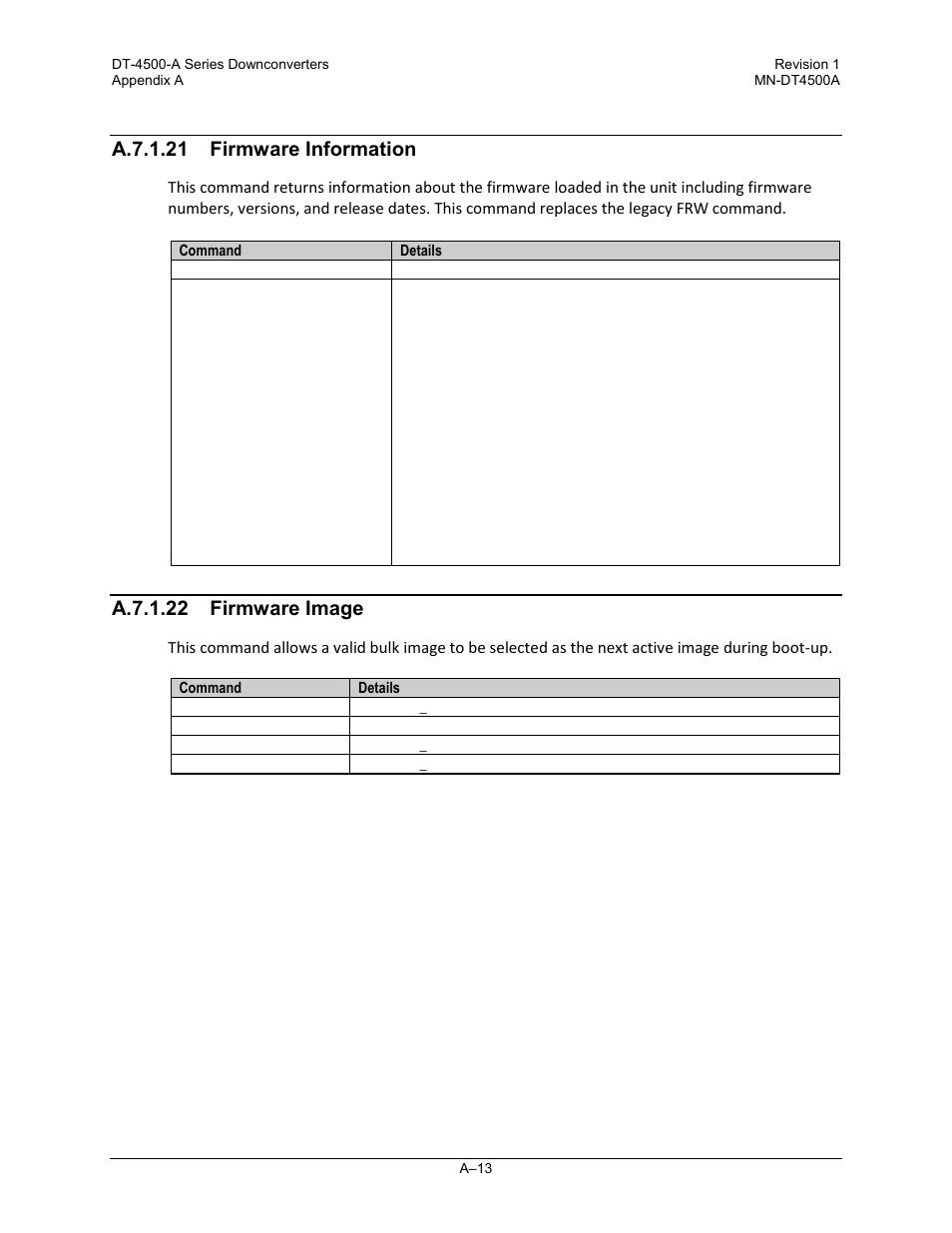 A.7.1.21 firmware information, A.7.1.22 firmware image | Comtech EF Data DT-4500-A Series User Manual | Page 123 / 162