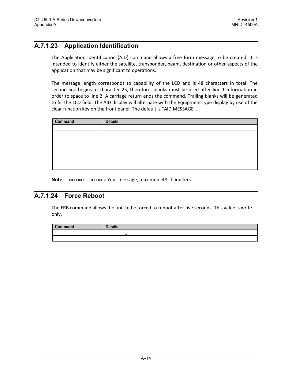 A.7.1.23 application identification, A.7.1.24 force reboot | Comtech EF Data DT-4500-A Series User Manual | Page 124 / 162