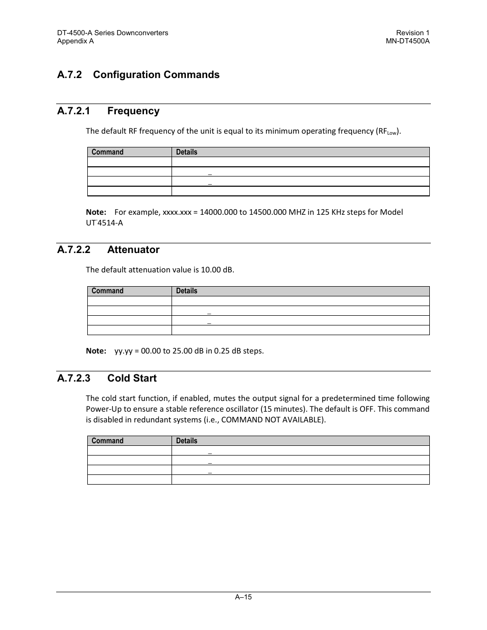 A.7.2 configuration commands, A.7.2.1 frequency, A.7.2.2 attenuator | A.7.2.3 cold start | Comtech EF Data DT-4500-A Series User Manual | Page 125 / 162