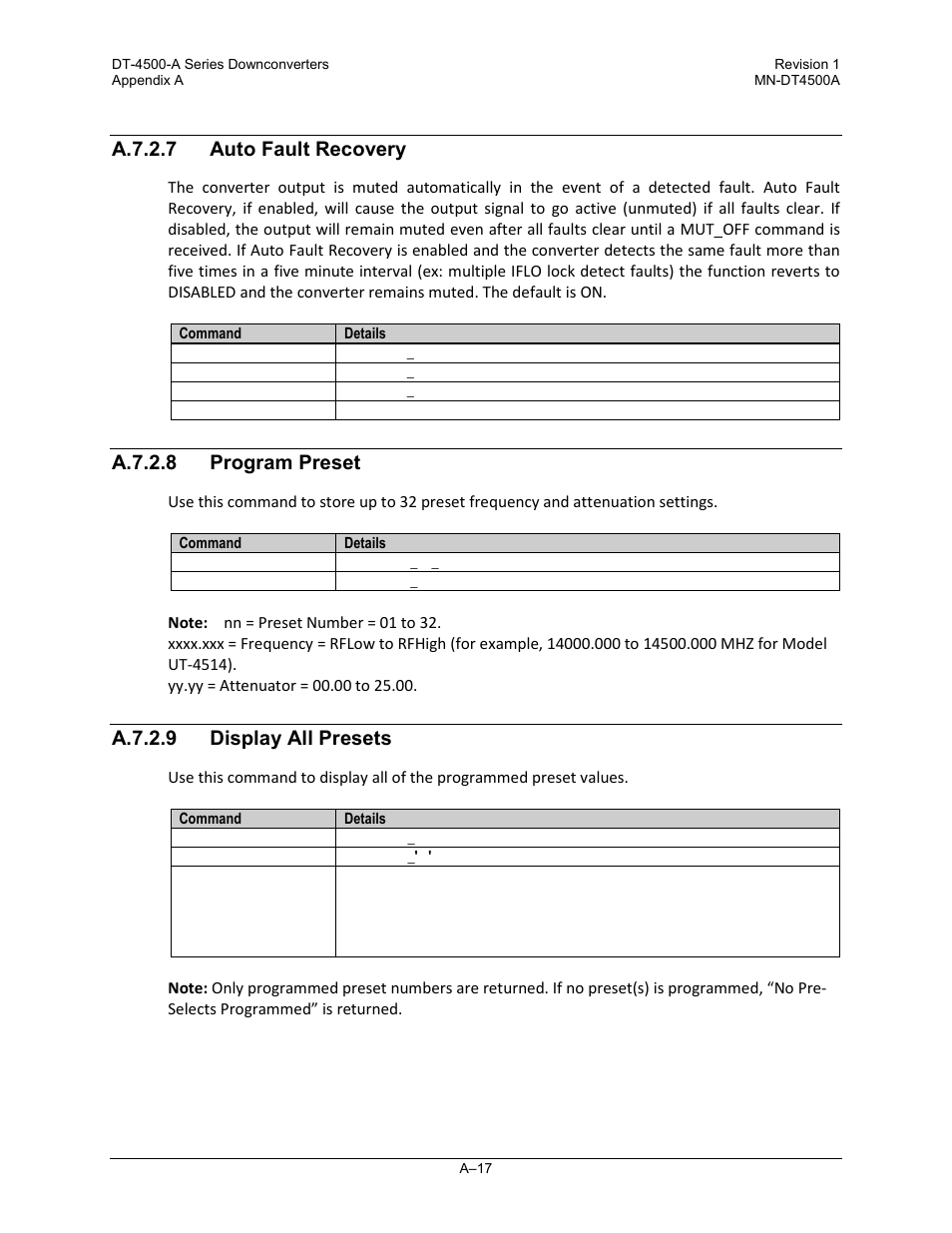 A.7.2.7 auto fault recovery, A.7.2.8 program preset, A.7.2.9 display all presets | Comtech EF Data DT-4500-A Series User Manual | Page 127 / 162