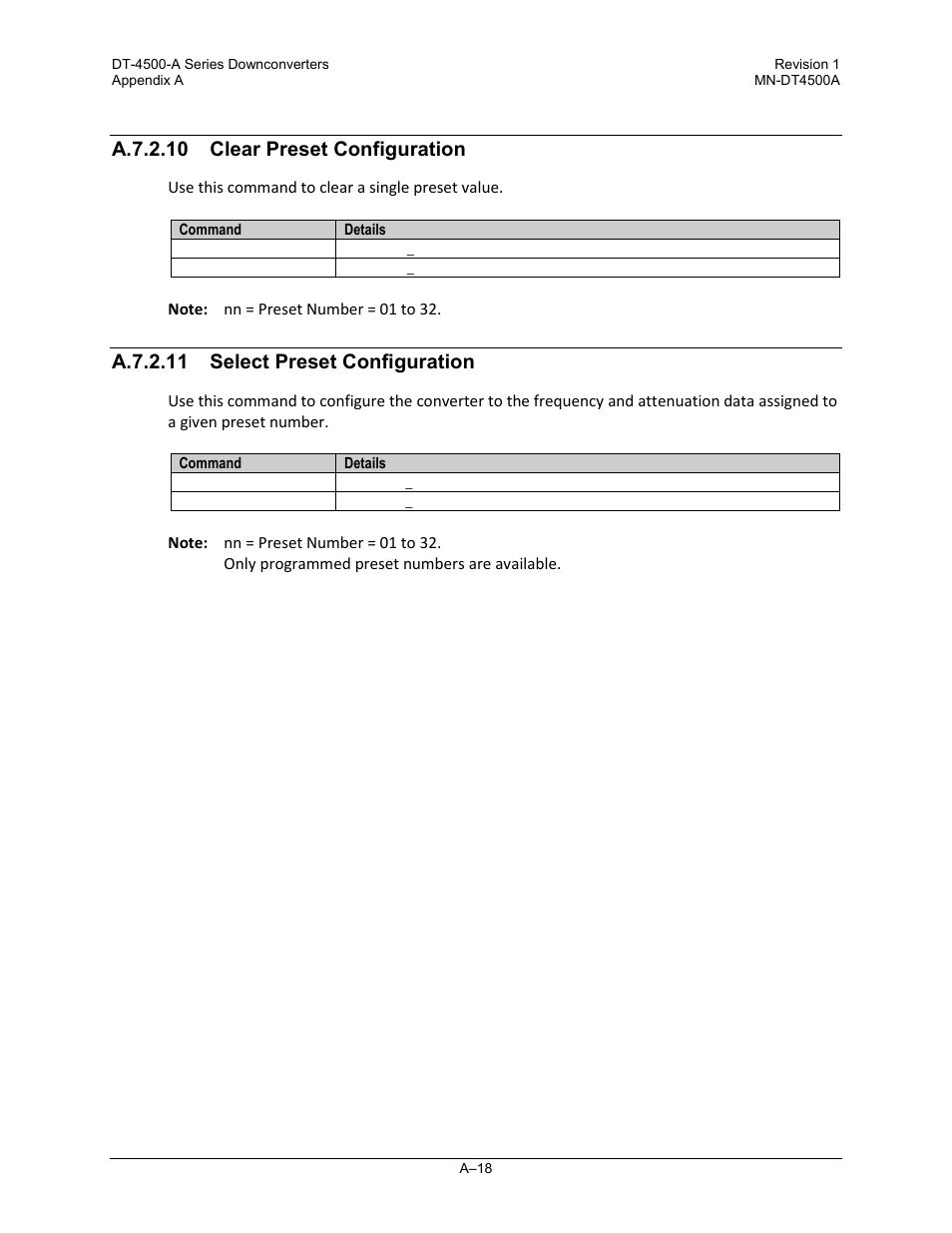 A.7.2.10 clear preset configuration, A.7.2.11 select preset configuration | Comtech EF Data DT-4500-A Series User Manual | Page 128 / 162