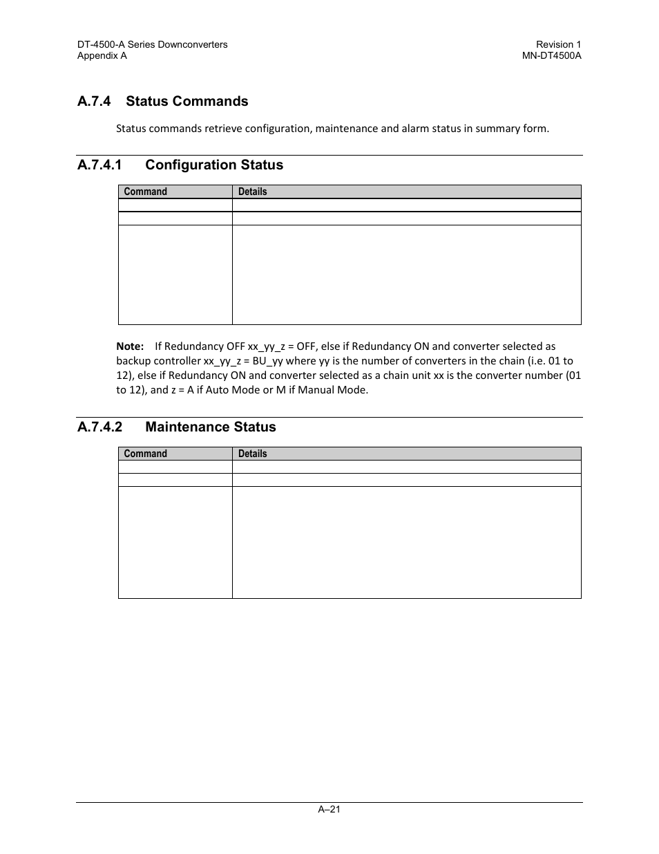 A.7.4 status commands, A.7.4.1 configuration status, A.7.4.2 maintenance status | Comtech EF Data DT-4500-A Series User Manual | Page 131 / 162