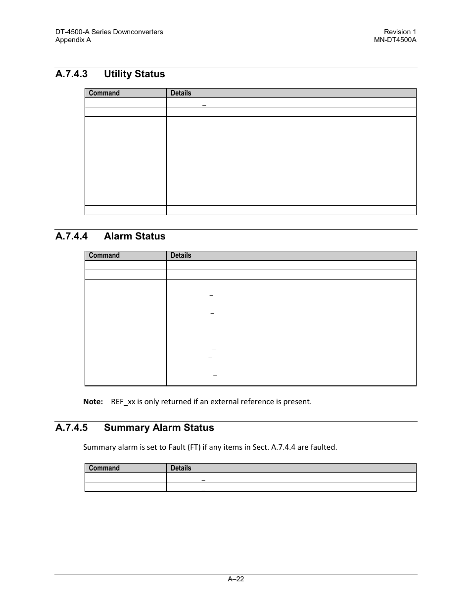 A.7.4.3 utility status, A.7.4.4 alarm status, A.7.4.5 summary alarm status | Comtech EF Data DT-4500-A Series User Manual | Page 132 / 162