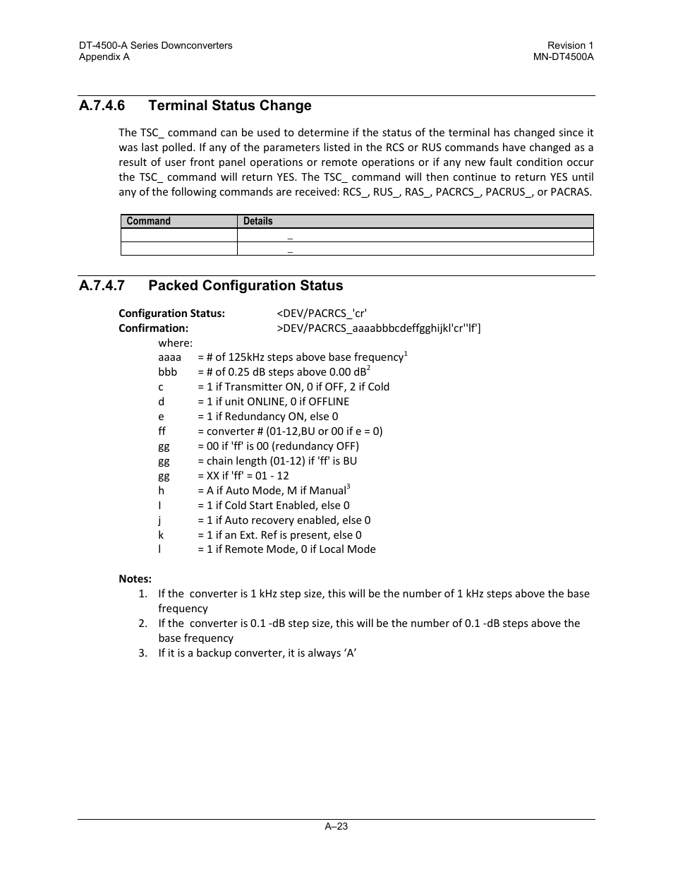 A.7.4.6 terminal status change, A.7.4.7 packed configuration status | Comtech EF Data DT-4500-A Series User Manual | Page 133 / 162