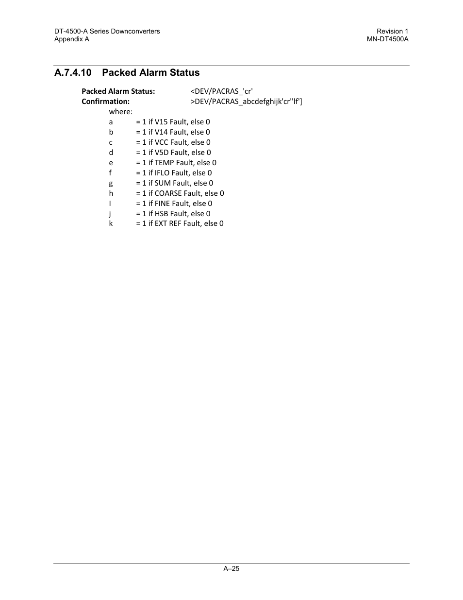 A.7.4.10 packed alarm status | Comtech EF Data DT-4500-A Series User Manual | Page 135 / 162