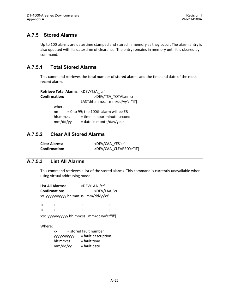 A.7.5 stored alarms, A.7.5.1 total stored alarms, A.7.5.2 clear all stored alarms | A.7.5.3 list all alarms | Comtech EF Data DT-4500-A Series User Manual | Page 136 / 162