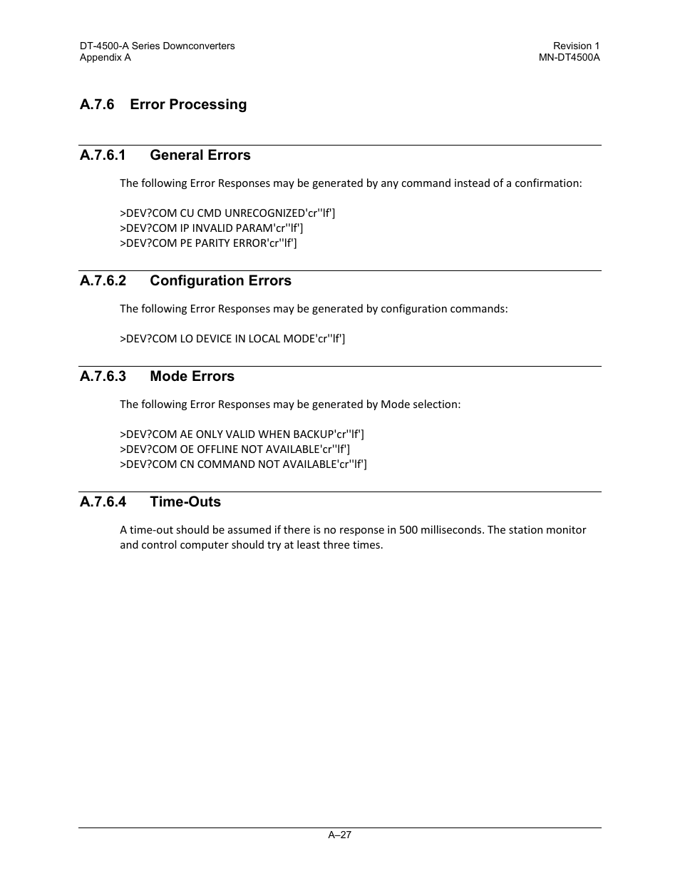 A.7.6 error processing, A.7.6.1 general errors, A.7.6.2 configuration errors | A.7.6.3 mode errors, A.7.6.4 time-outs | Comtech EF Data DT-4500-A Series User Manual | Page 137 / 162
