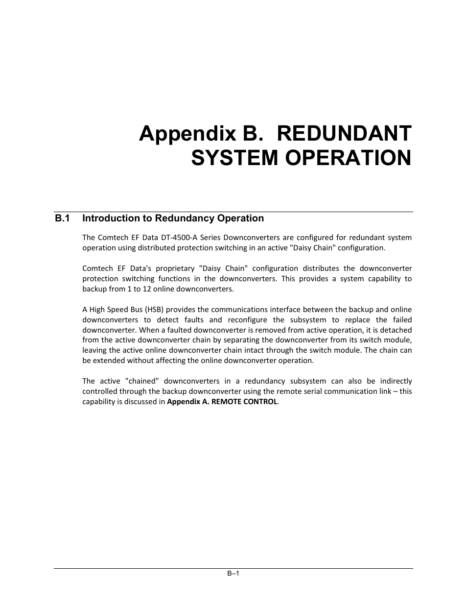 Appendix b. redundant system operation, B.1 introduction to redundancy operation | Comtech EF Data DT-4500-A Series User Manual | Page 141 / 162
