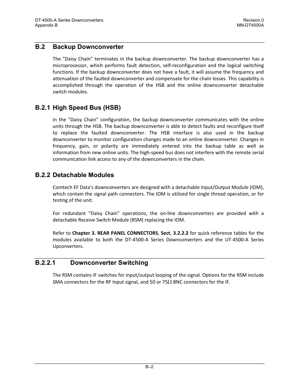 B.2 backup downconverter, B.2.1 high speed bus (hsb), B.2.2 detachable modules | B.2.2.1 downconverter switching | Comtech EF Data DT-4500-A Series User Manual | Page 142 / 162