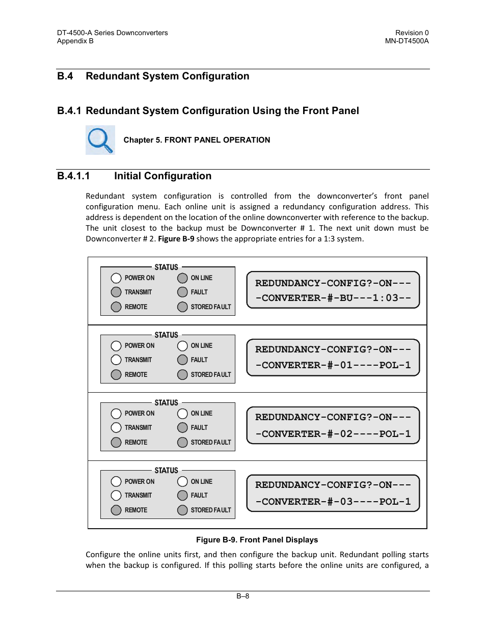 B.4 redundant system configuration, B.4.1.1 initial configuration, Redundancy-config?-on--- -converter-#-bu :03 | Redundancy-config?-on--- -converter-#-01----pol-1, Redundancy-config?-on--- -converter-#-02----pol-1, Redundancy-config?-on--- -converter-#-03----pol-1 | Comtech EF Data DT-4500-A Series User Manual | Page 148 / 162