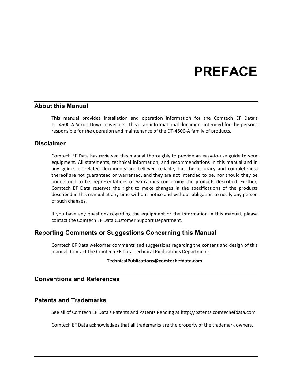 Preface, About this manual, Disclaimer | Conventions and references, Patents and trademarks | Comtech EF Data DT-4500-A Series User Manual | Page 15 / 162