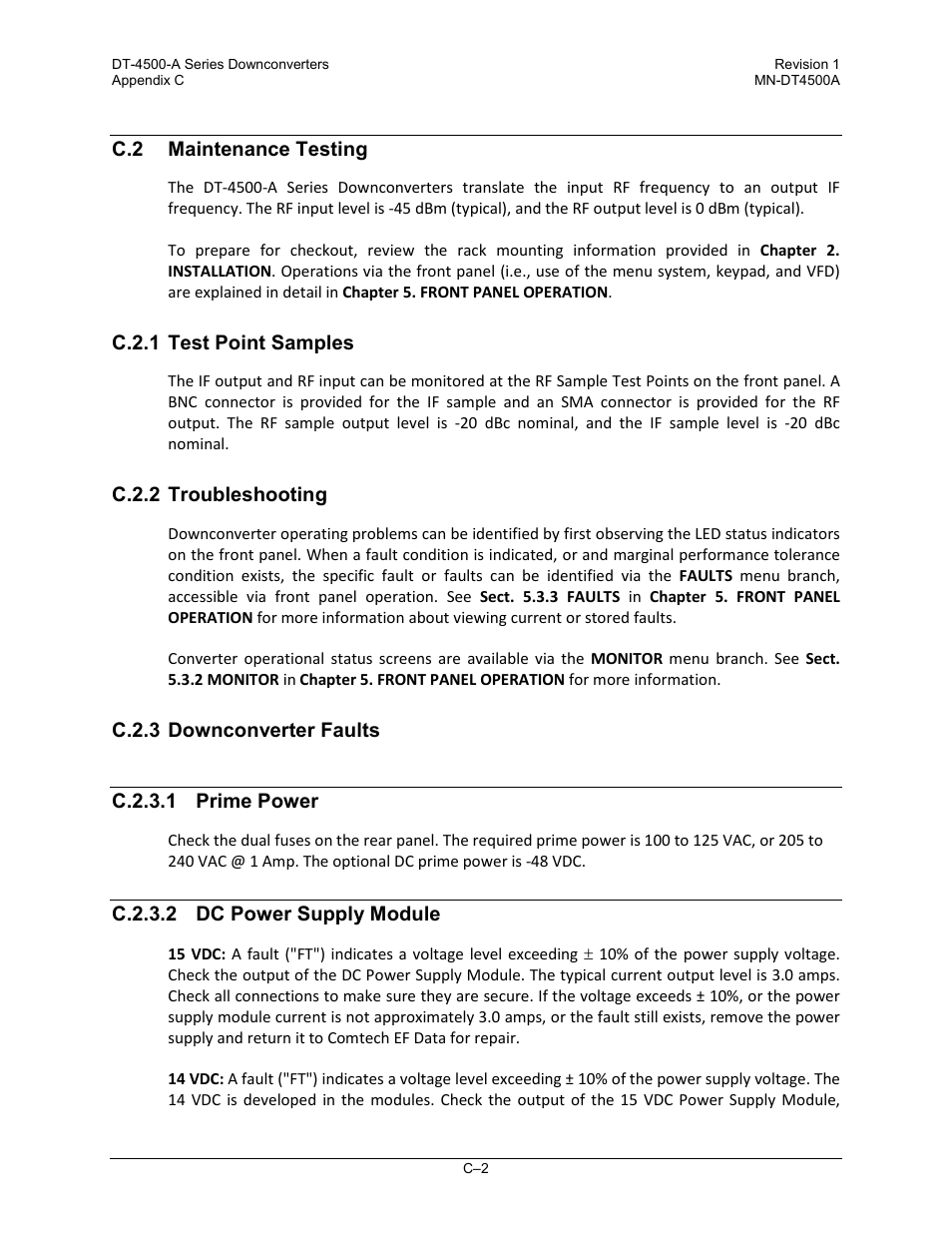 C.2 maintenance testing, C.2.1 test point samples, C.2.2 troubleshooting | C.2.3 downconverter faults, C.2.3.1 prime power, C.2.3.2 dc power supply module | Comtech EF Data DT-4500-A Series User Manual | Page 158 / 162