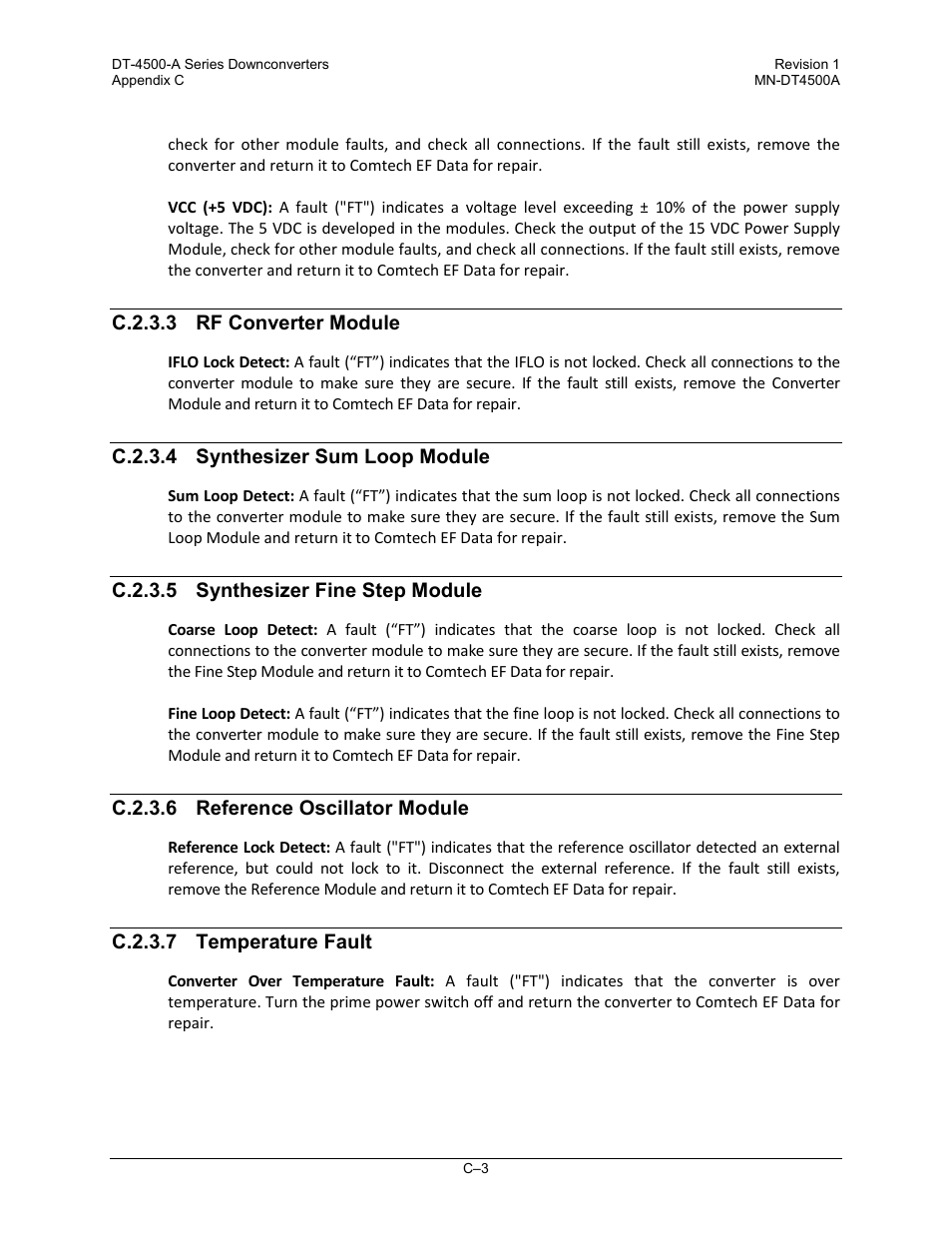 C.2.3.3 rf converter module, C.2.3.4 synthesizer sum loop module, C.2.3.5 synthesizer fine step module | C.2.3.6 reference oscillator module, C.2.3.7 temperature fault | Comtech EF Data DT-4500-A Series User Manual | Page 159 / 162