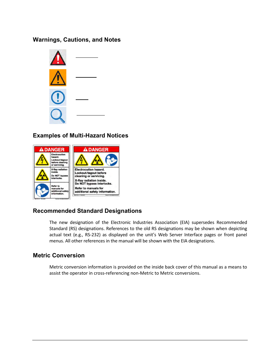 Warnings, cautions, and notes, Examples of multi-hazard notices, Recommended standard designations | Metric conversion | Comtech EF Data DT-4500-A Series User Manual | Page 16 / 162